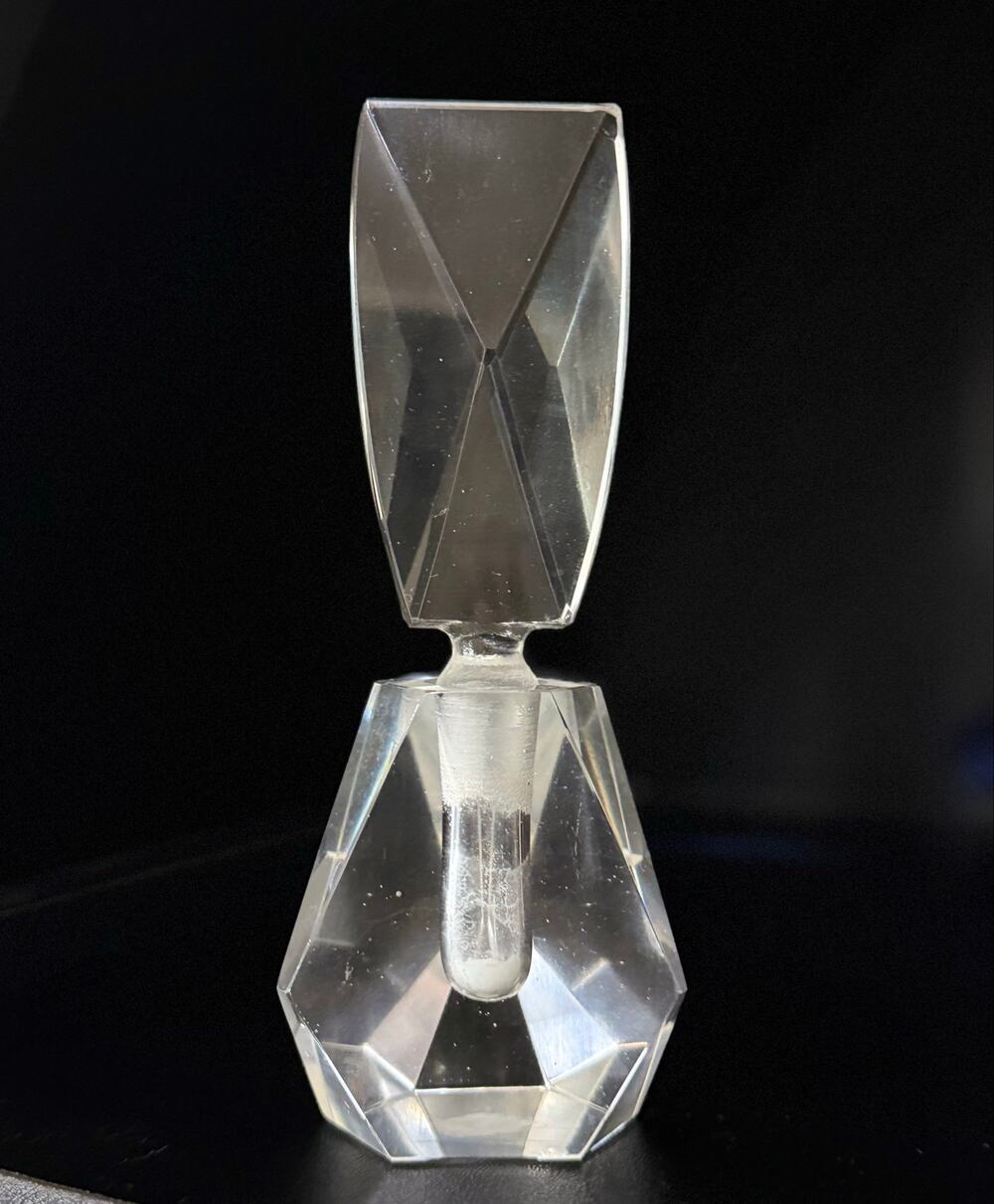 Vintage Faceted Crystal Perfume Bottle Geometric Art Deco Style 6”